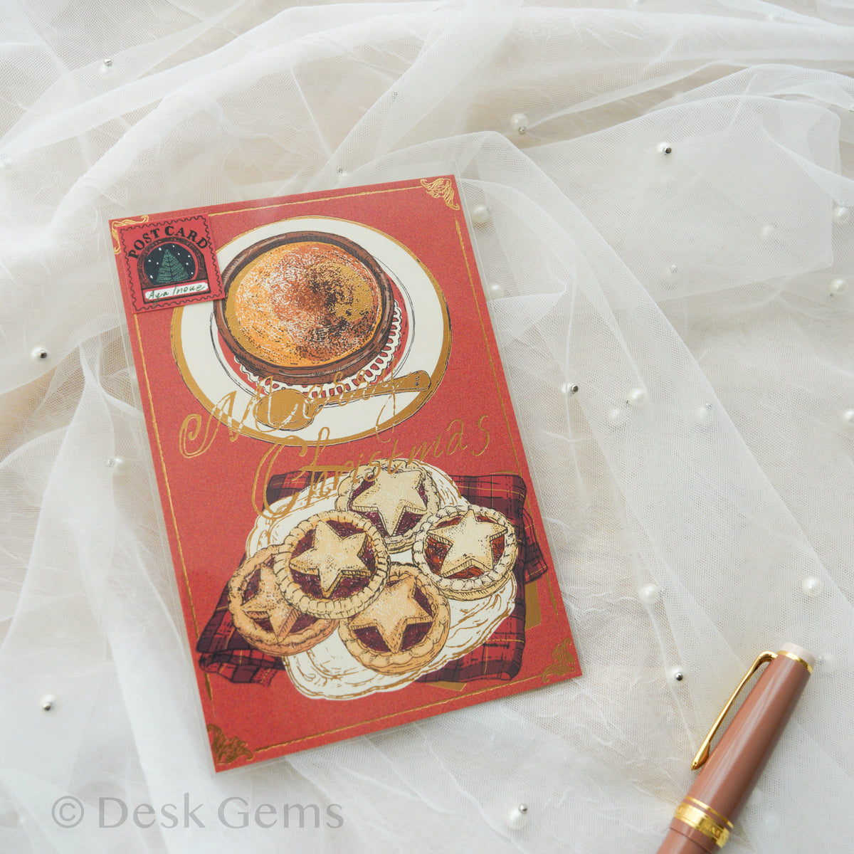 Aya Inoue Christmas Foil Postcard - Christmas Pudding and Mince Pie