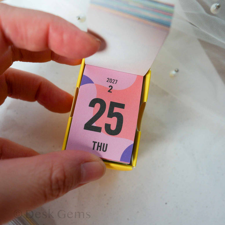Shinnippon Mini Mini Daily Calendar 2027 Dates open showing February 25 page with pink circles pattern