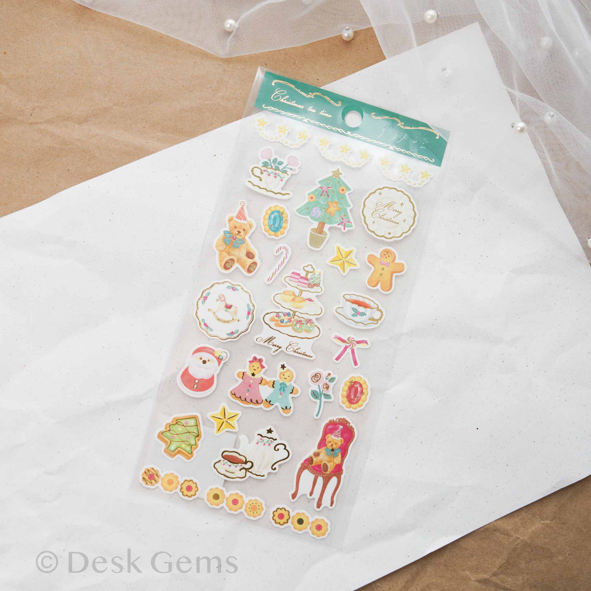 Arakarudo Christmas sticker sheet with Christmas tea time theme with gingerbread, teddy bears, and cookies