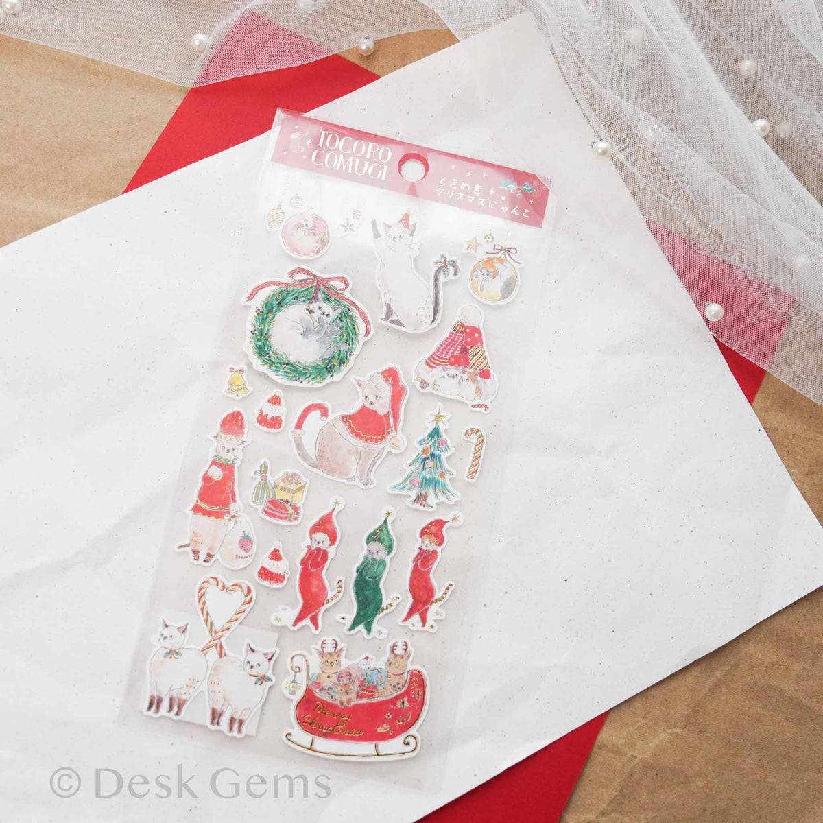 Tocoro Comugi Christmas sticker sheet with cats in red holiday outfits