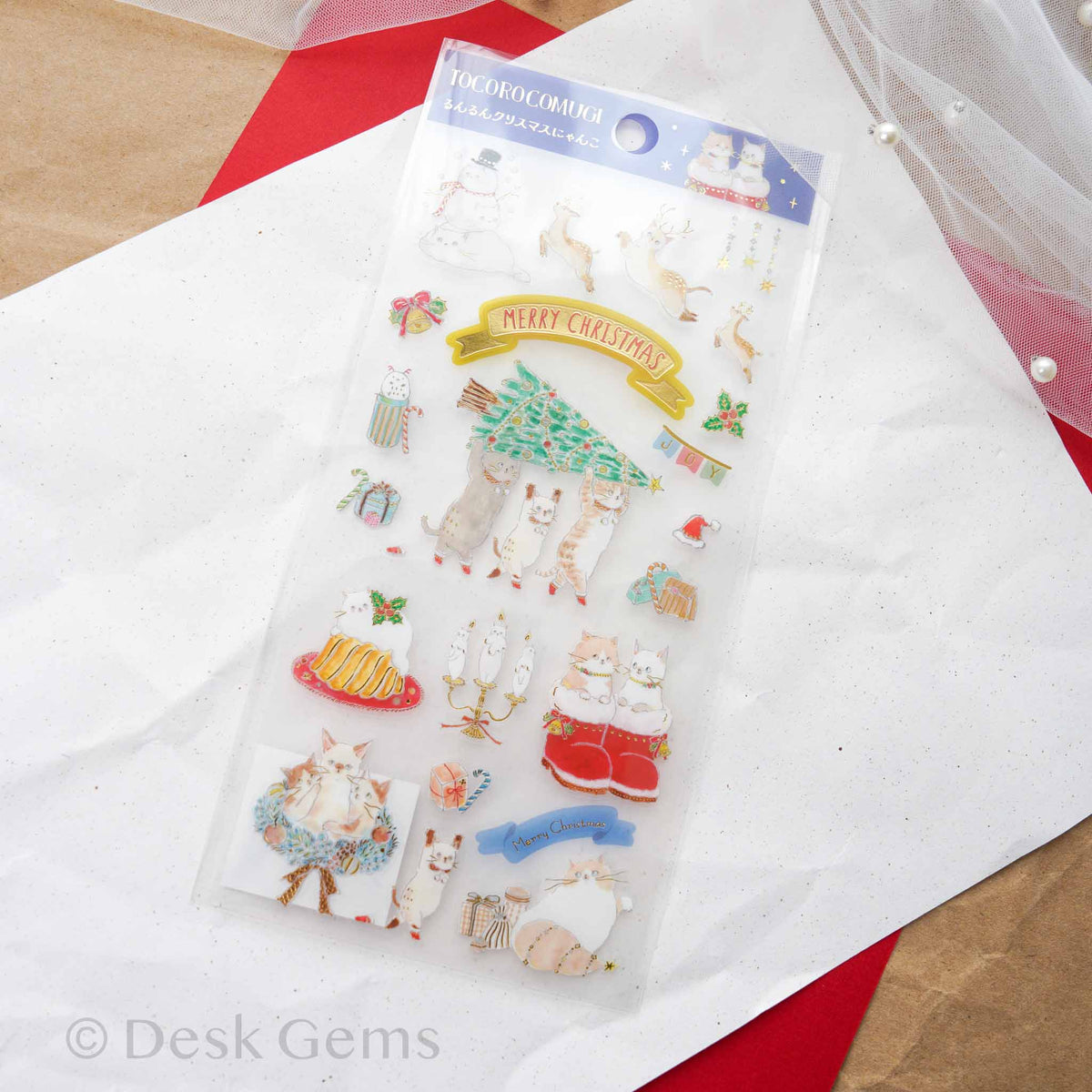 Tocoro Comugi Christmas sticker sheet with cats decorating a Christmas tree