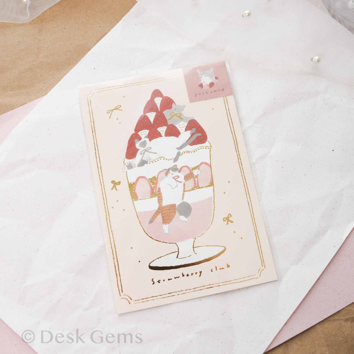 Tobimatsu Shoichiro x Furukawa Paper strawberry parfait foil postcard with cats