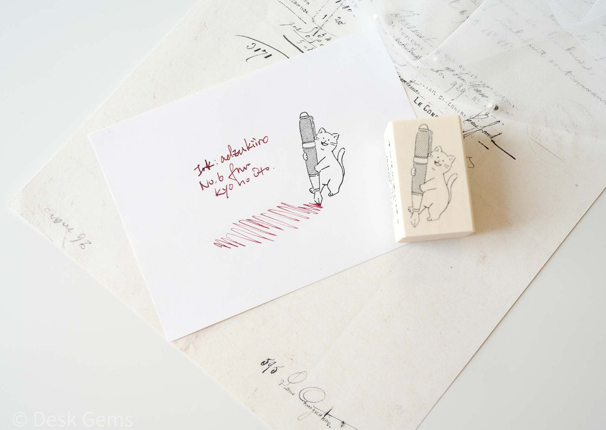 Beverly "Ink's Companion" Rubber Stamp - Cat and Fountain Pen