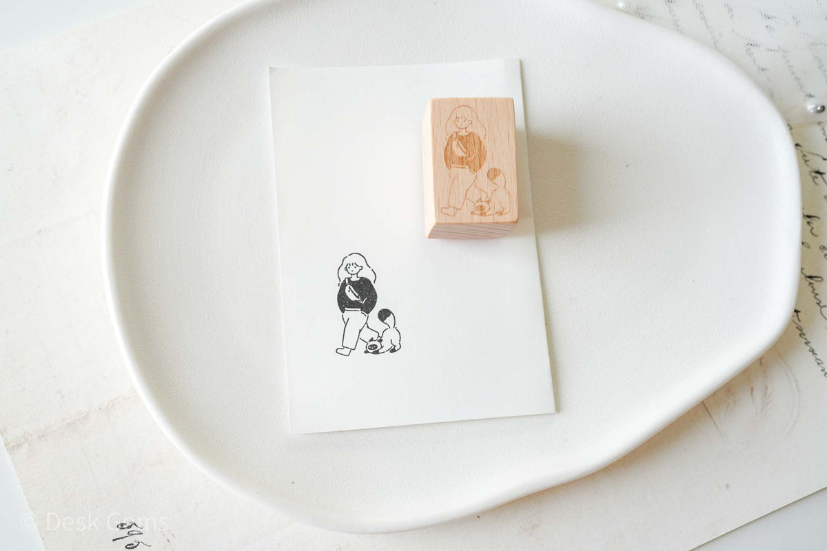 Watch_Them Original Stamp - Thanks to Coffee and Kitty - Girl Walking a Cat